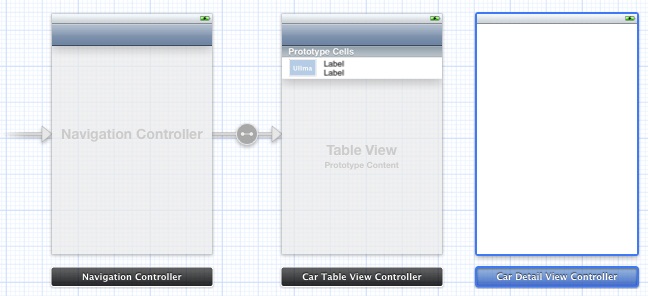 An Xcode iOS 5 storyboard with a table view and embedded view controller