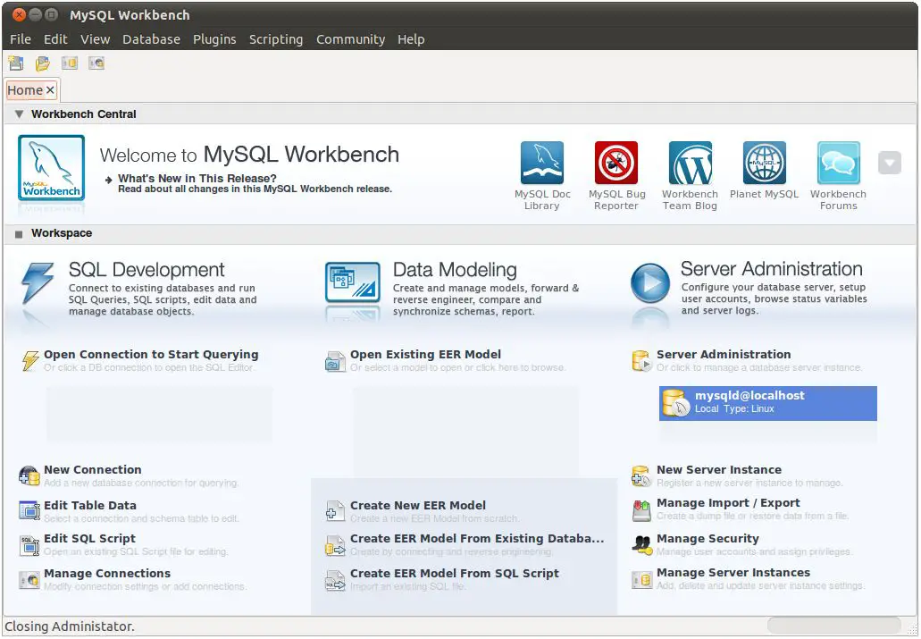 The MySQL Workbench home screen