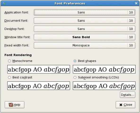 The CentOS GNOME desktop font preferences dialog