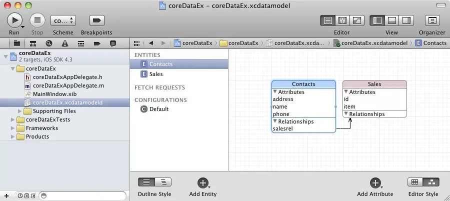 A datamodel with relationship in Xcode 4