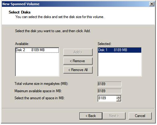 Selecting the disks for a Windows Server 2008 R2 Spanned Volume