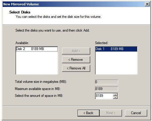 Selecting disks for a Windows Server 2008 Mirrored (RAID 1) volume