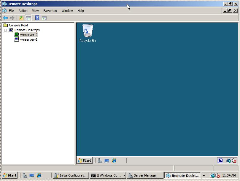 Multiple remote desktops running in the Windows Server 2008 R2 Remote Desktops Snap-in