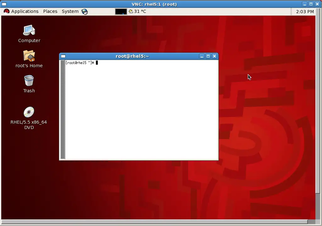 A full RHEL GNOME desktop session running remotely in a VNC viewer