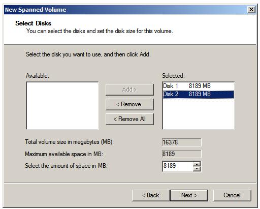 Two disks selected for a Windows Server 2008 R2 Spanned Volume