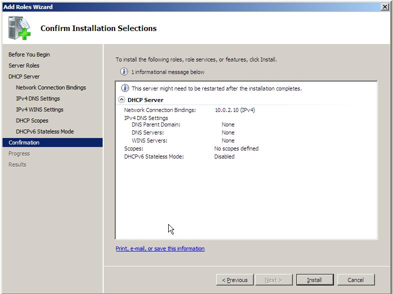 The Windows Server 2008 R2 DHCP Server Configuration Summary Screen