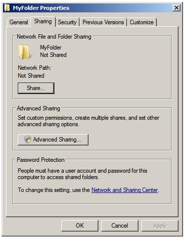 Configuring the Windows Server 2008 folder sharing properties