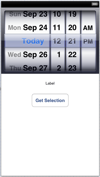 The user interface of an example iPhone iOS 6 UIDatePicker application