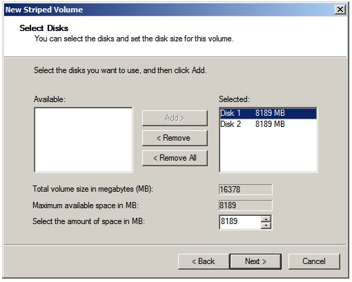 Selecting disks for a Windows Server 2008 R2 striped (RAID 0) volume