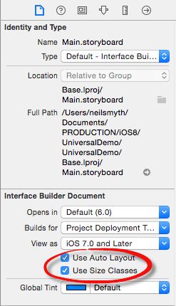 Enabling size classes in Xcode