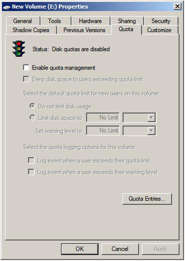 Configuring the disk quota properties of an NTFS volume