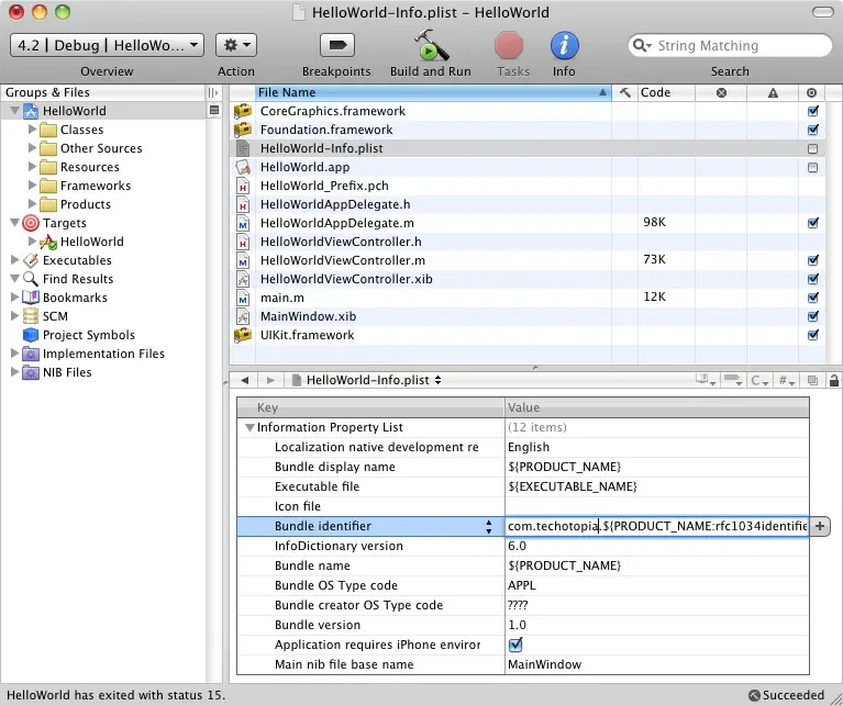 Configuring the Bundle Identifier in Xcode for an iPhone iOs 4 app