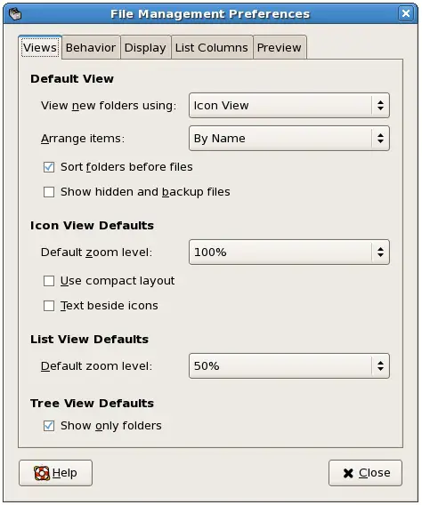 The View page of the CentOS File Manager Preferences Dialog