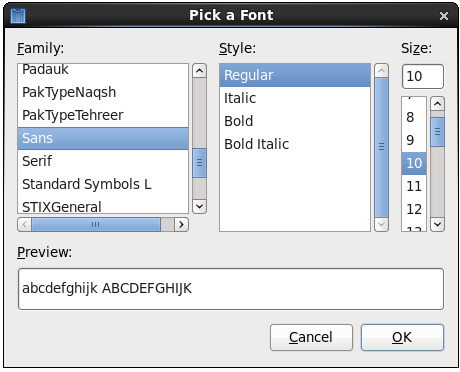 The CentOS 6 Pick a Font dialog