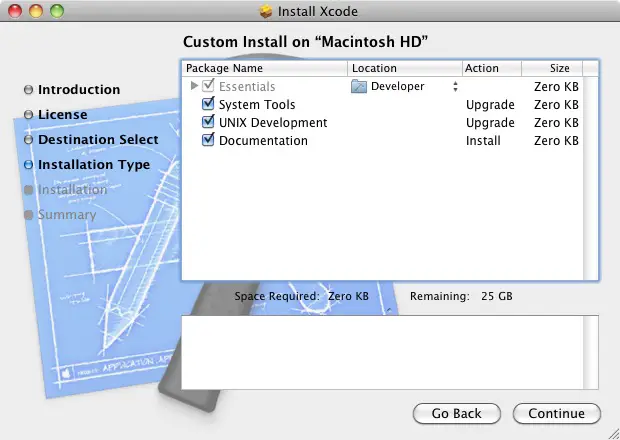 The Xcode 4.2 Installation screen
